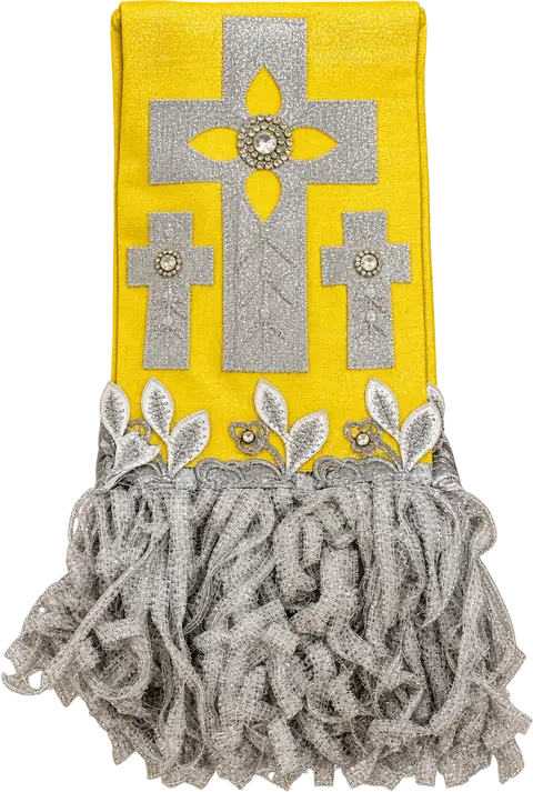 Lace Senior Elder Sister Loin in gold with silver crosses, leaf lace and a full ruffle fringe