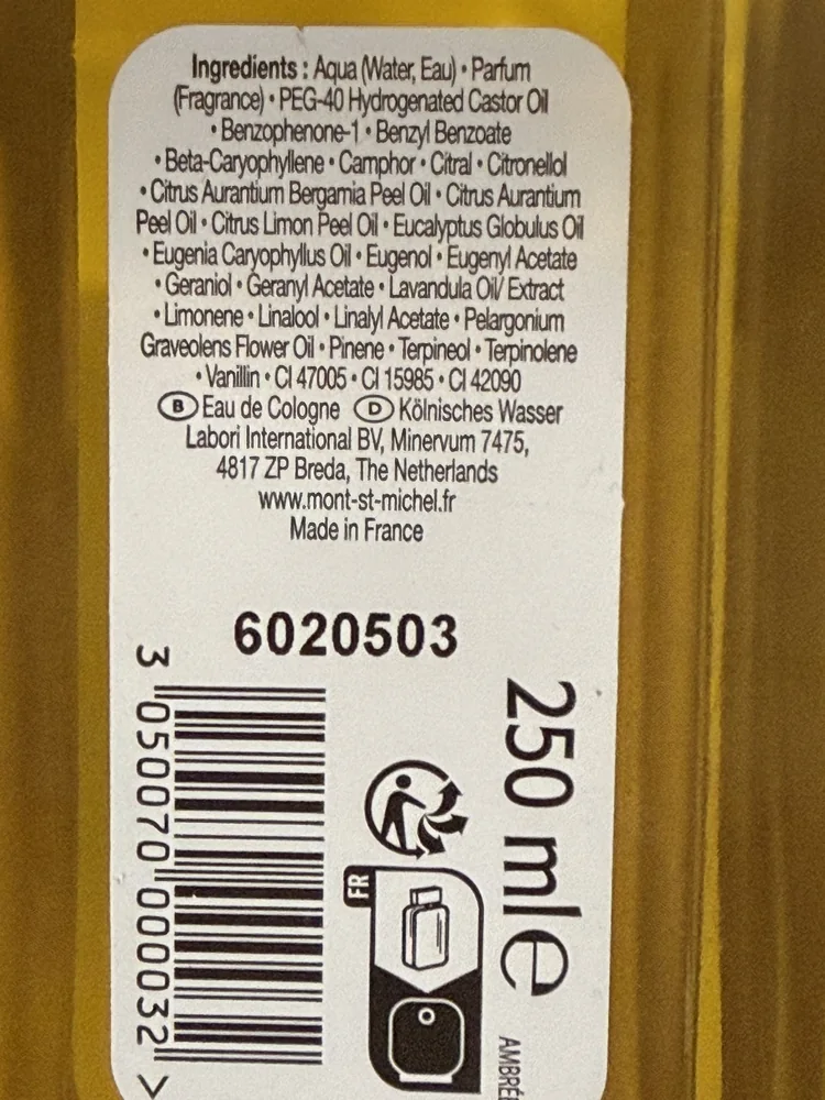 Ambrée Authentique Cologne, photograph of the back label