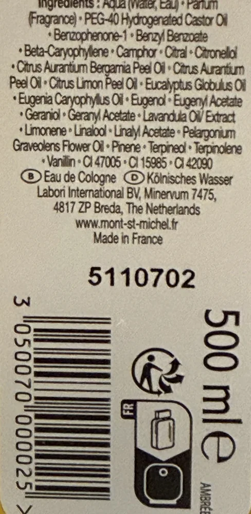 Ambrée Authentique Cologne, photograph of the ingredients label