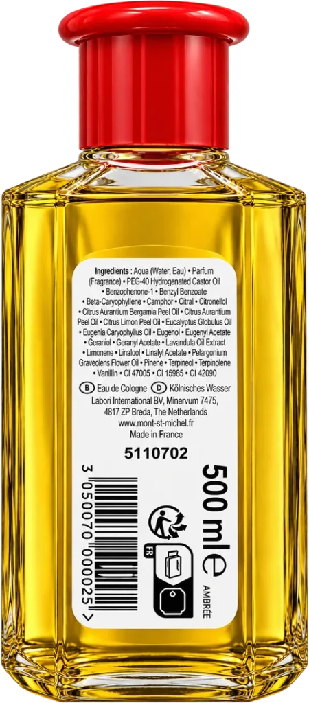 Ambrée Authentique Cologne, back of the bottle with the 500 ml label