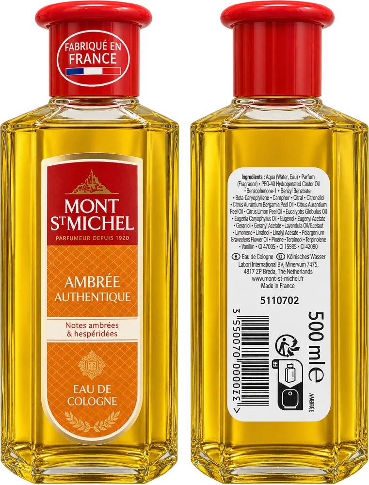Ambrée Authentique Cologne, front and back of the bottle
