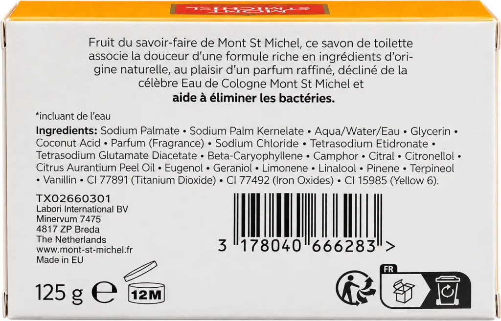 Savon Cologne Ambrée, back of the soap box